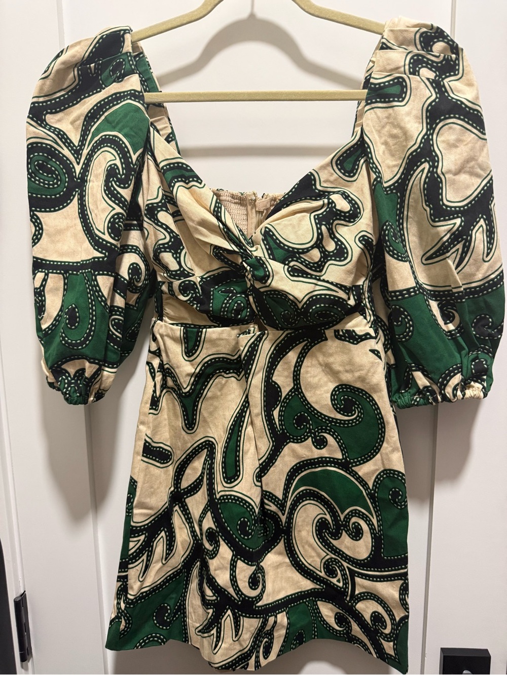 Alexis Green Black Cream Patterned Puff-Sleeve Mini Dress